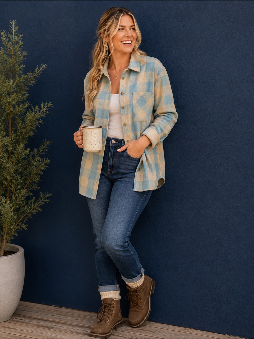 Casa Cabana | Blue Beige Plaid Shacket | Shirt Jacket Fall | Cozy Layer | XS